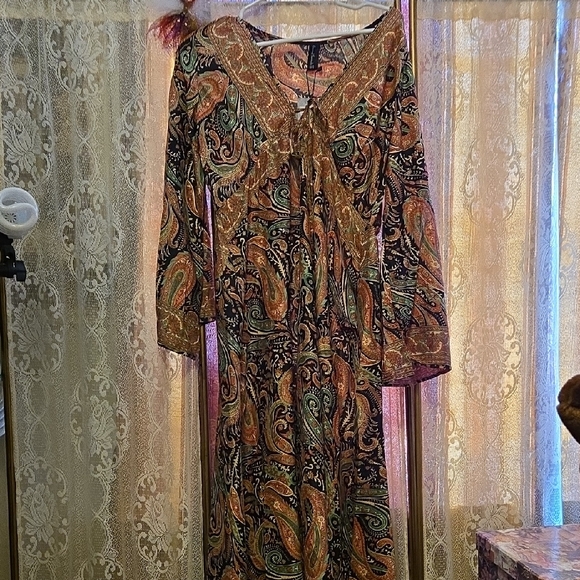Sacred Threads Orange Brown V-Neck Sundress with 3/4 Sleeves - Picture 1 of 6